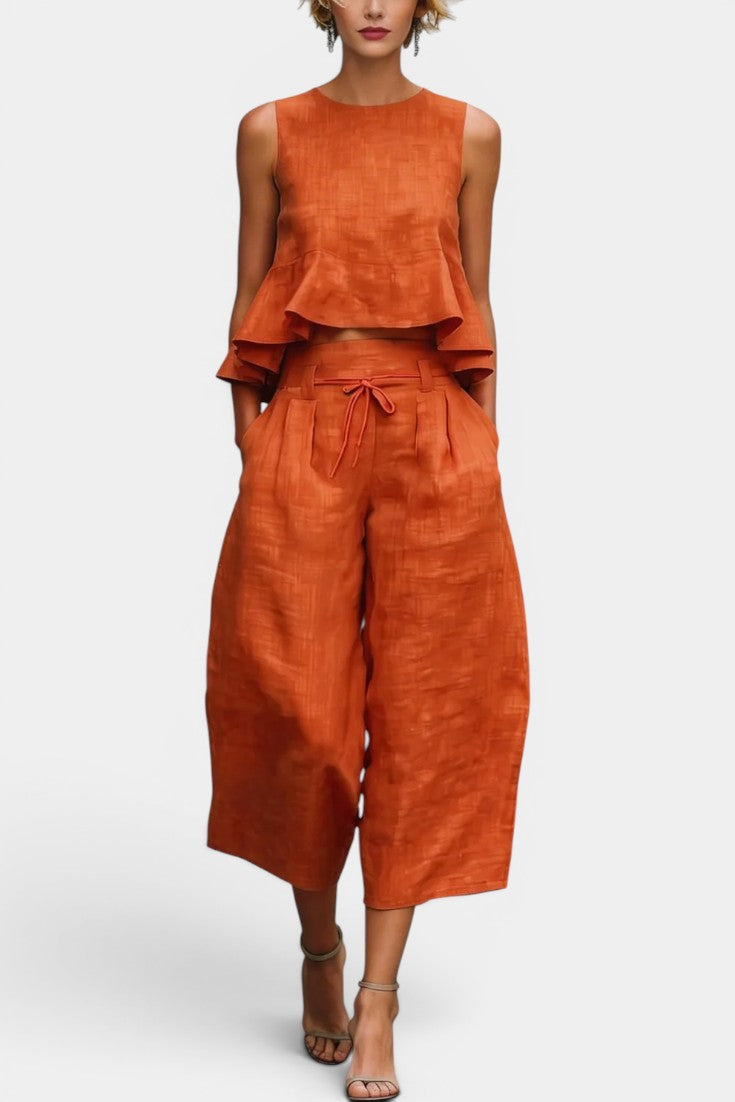 Sorrel Ensemble Deux Pièces Lin Top Crop Peplum Col Rond  Pantalon Large Culotte Cordon