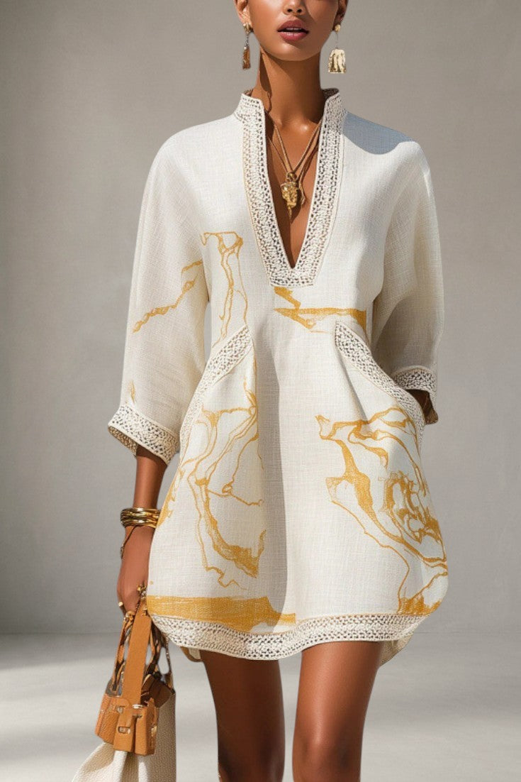 Roxane - Robe Courte Tunique Col V Dentelle Imprimé Métallisé