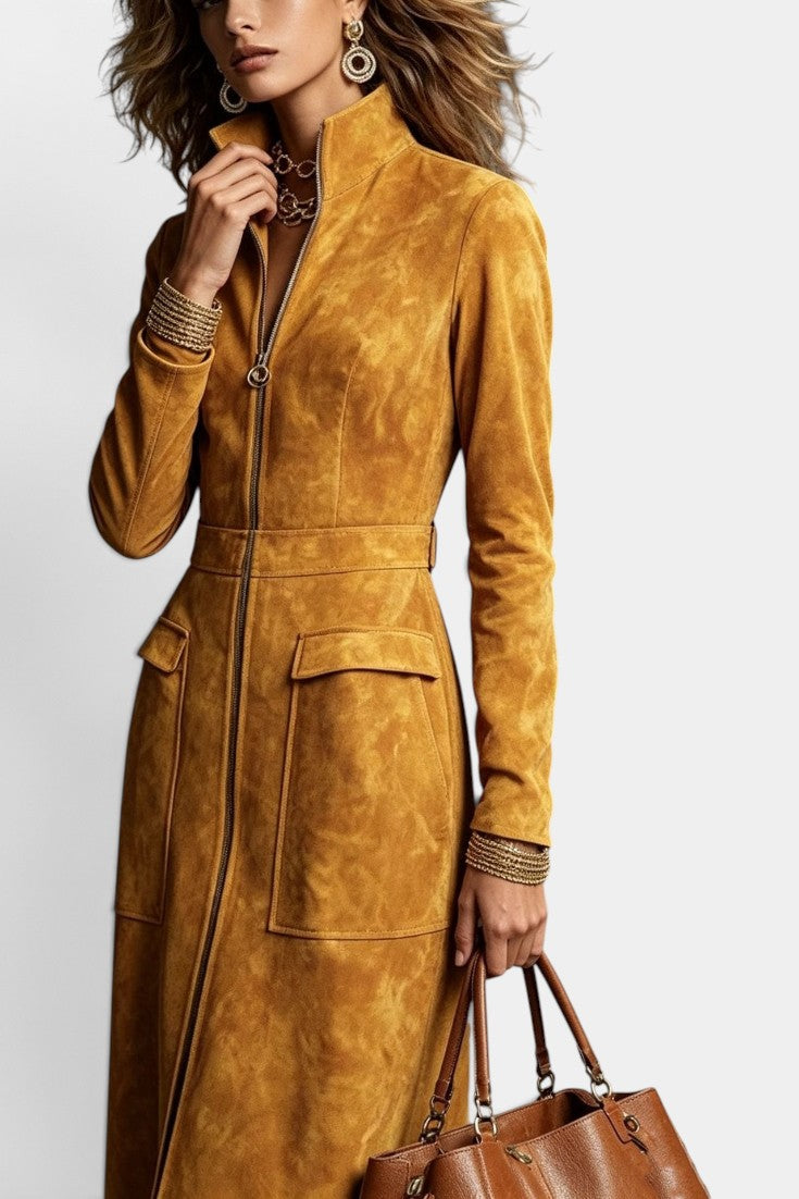 Robe longue effet daim avec col montant, fermeture zippée et poches plaquées, robe mi-longue de la marque Mahaute.