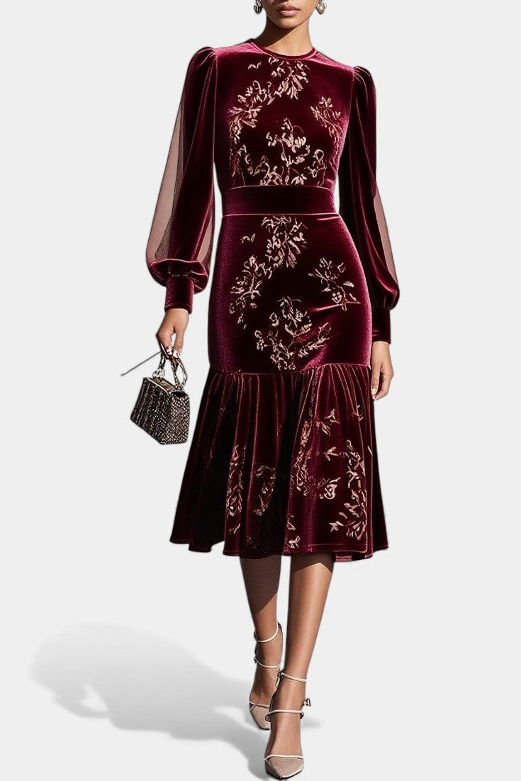 Mavluda Robe Midi Sirène à Manches Bouffantes et Col Rond