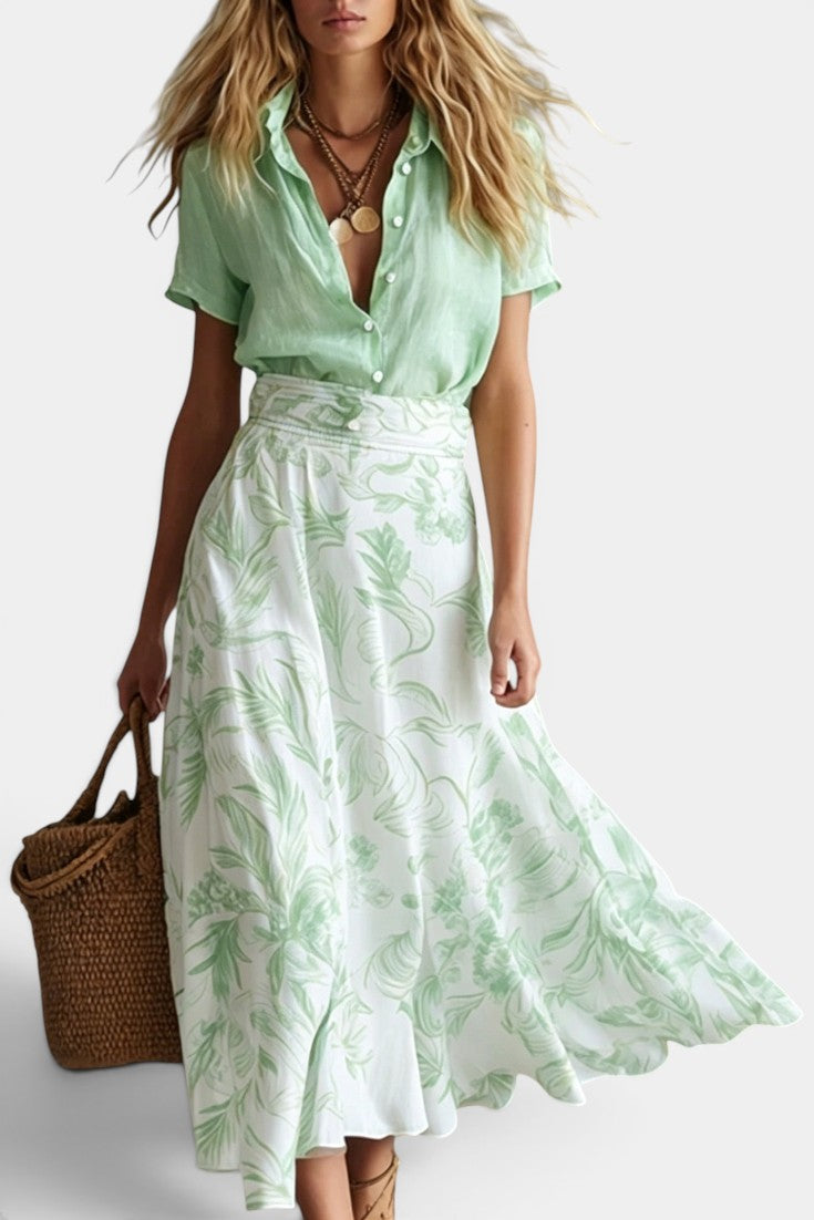 Leilani - Jupe Longue Taille Smockée Print Tropical Évasée Midi