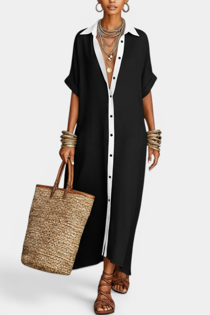 Kori - Robe Longue en Coton et Lin à Manches Courtes