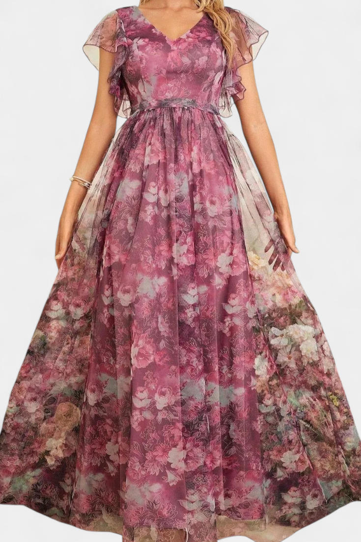 Mariana Robe en Chiffon à Décolleté V et Manches à Volants avec Imprimé Floral