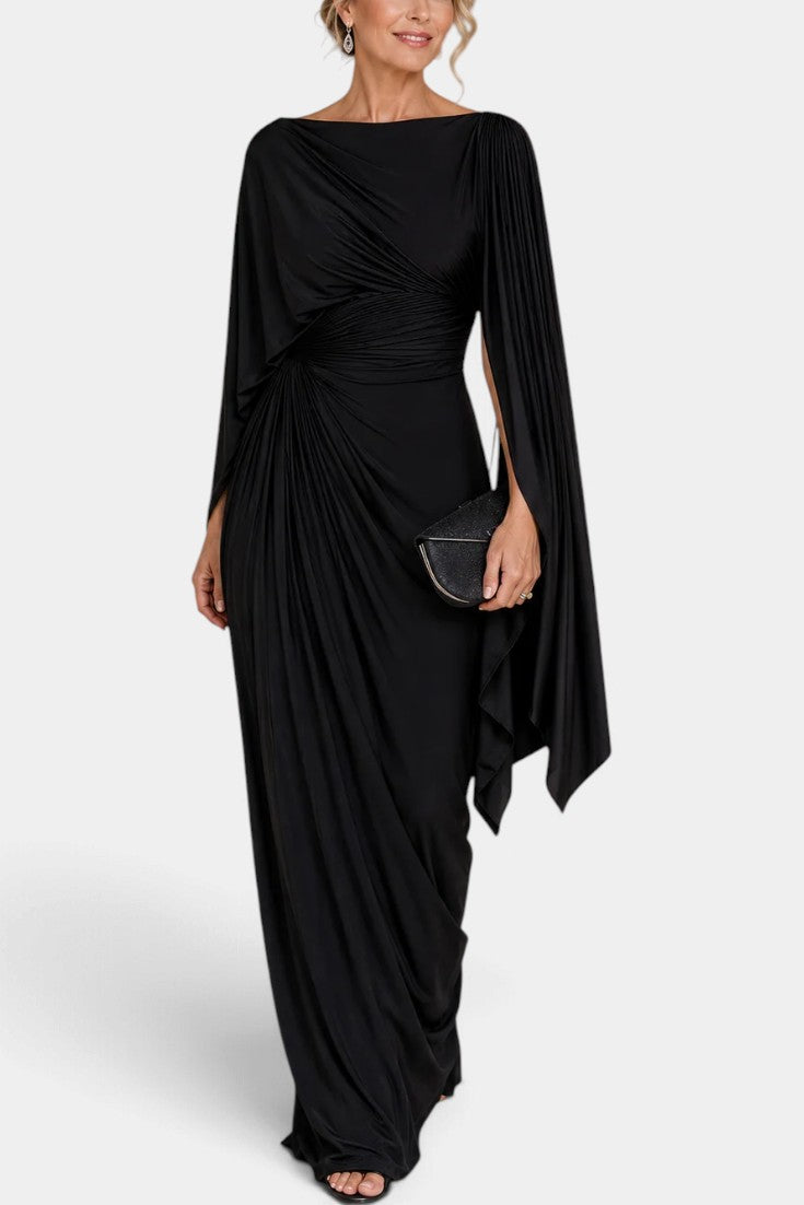 Lioree - Robe Longue Drapée à Manches Cape & Taille Froncée