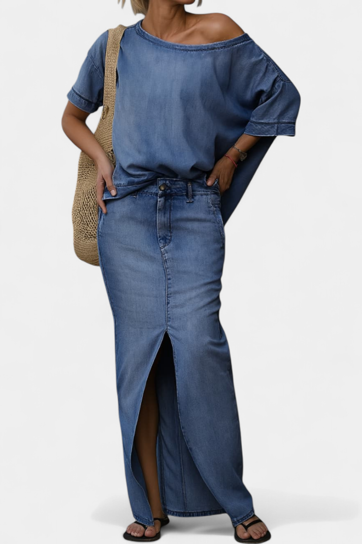 Apolonia Ensemble Asymétrique en Denim Structuré et Jupe Longue
