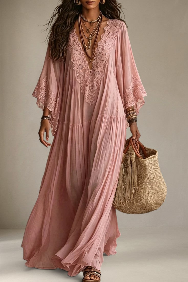 Indie - Robe Longue Col V en Dentelle Coupe Ample