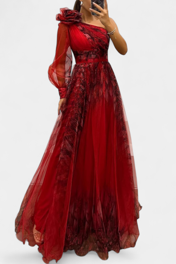 Becca Robe Longue Asymétrique en Chiffon à Fleur Structurée