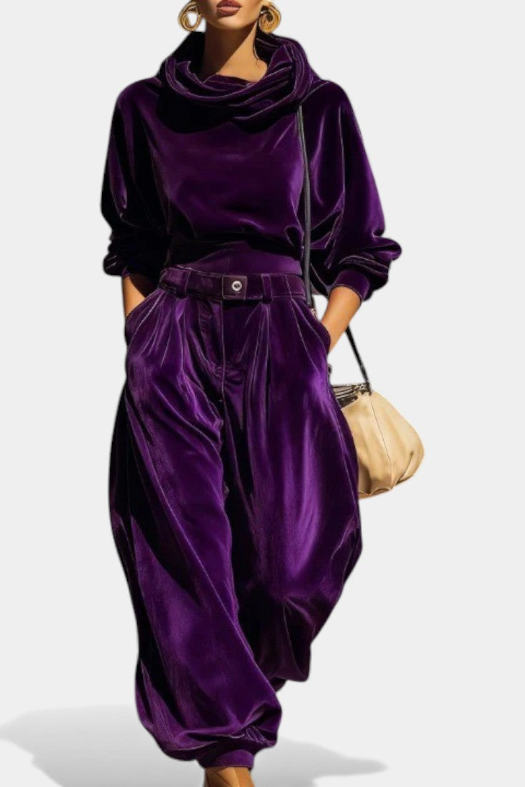 Riana Ensemble à Capuche et Pantalon Ample en Velours Brun Vintage