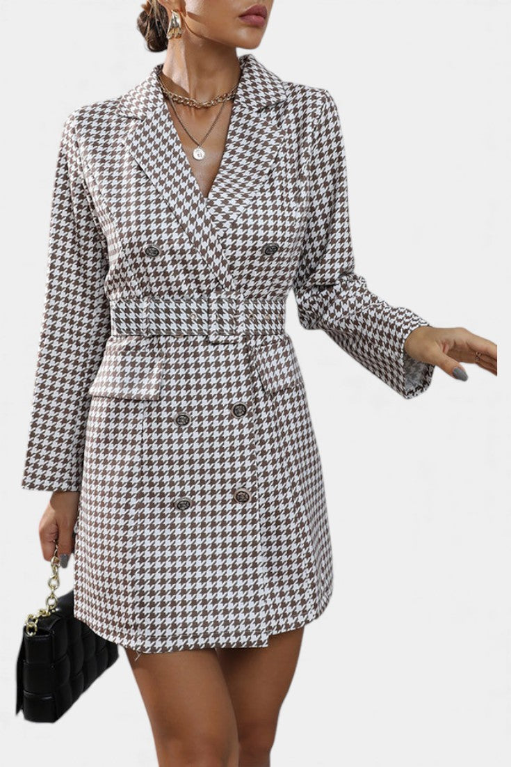 Maddy Robe Tailleur à Carreaux Pied-de-Poule avec Revers et Ceinture