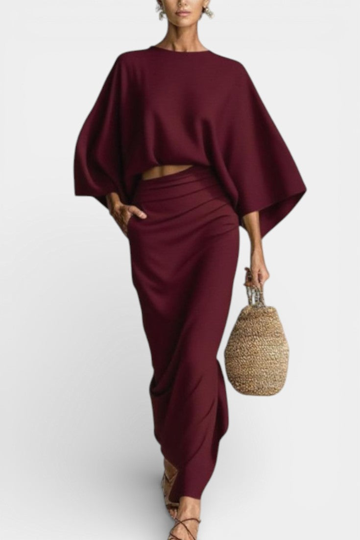 Marva Ensemble Deux-Pièces à Manches Chauve-Souris et Jupe Longue Fluide