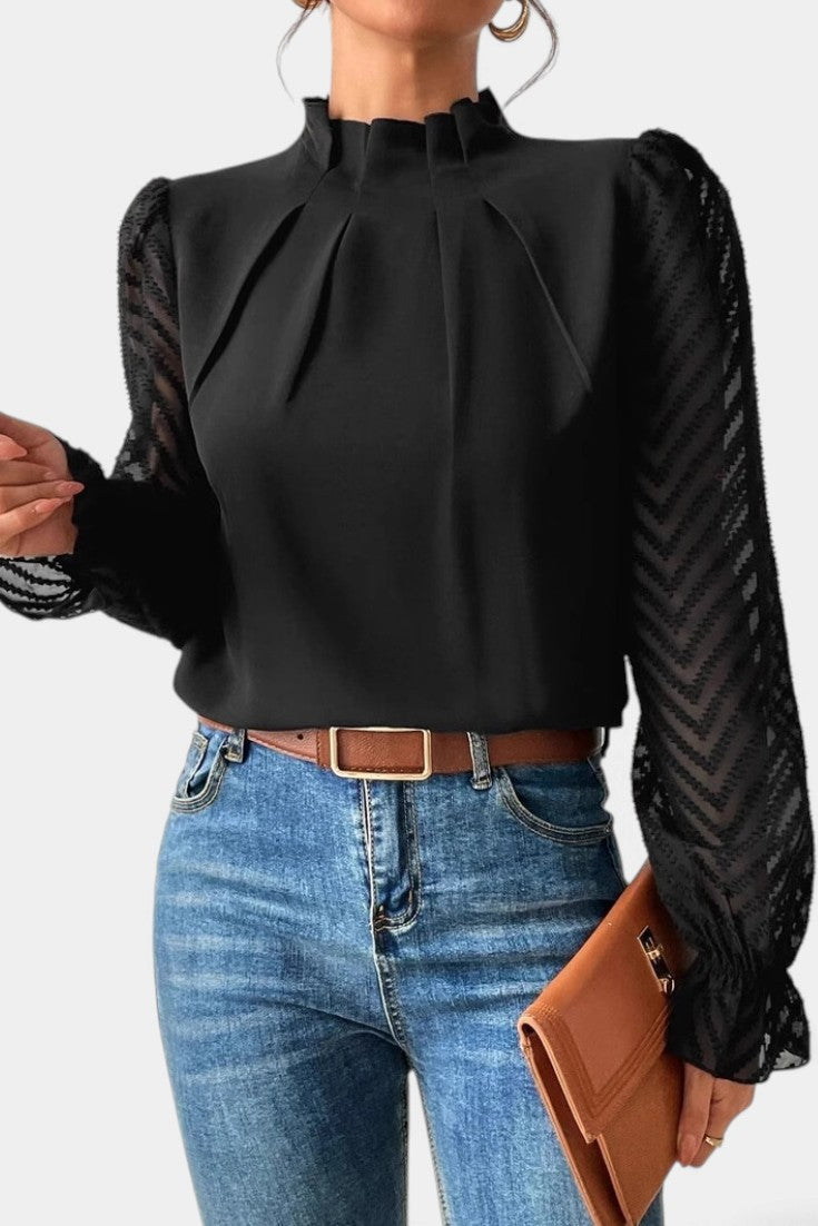 Zaraa - Blouse Élégante à Col Montant Plissé & Manches Transparentes Brodées