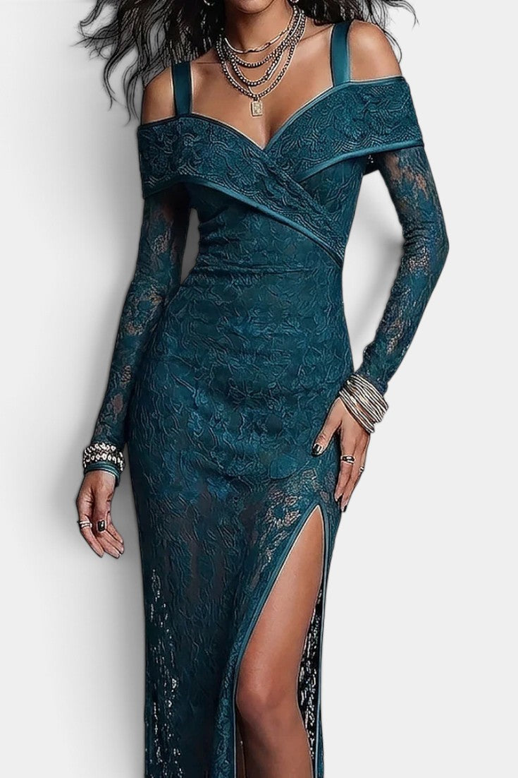 Robe longue en dentelle à épaules dénudées et fente haute, robe mi-longue de la marque Mahaute, détail en dentelle élégante.