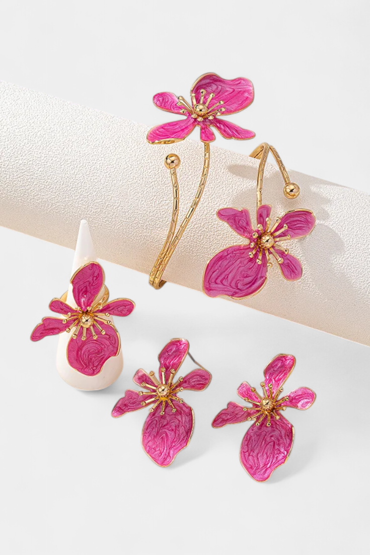 Set d'Accessoires Floraux : Bracelet, Boucles d'Oreilles et Bagues