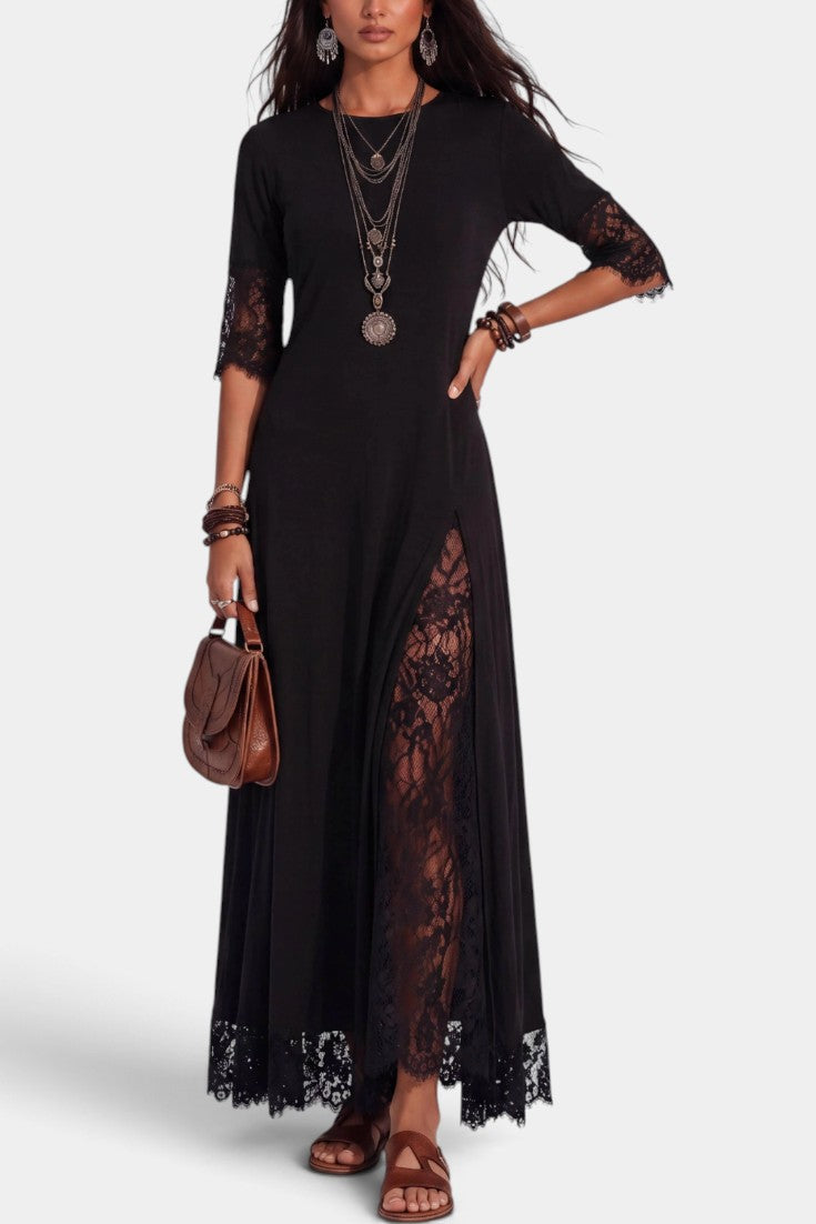 Robe longue Mahaute Méliorine avec empiècements en dentelle florale et manches mi-longues, élégante et féminine.