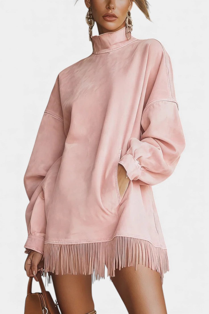 Élanaïs Robe Pull Oversize en Suédine avec Ourlet Frangé