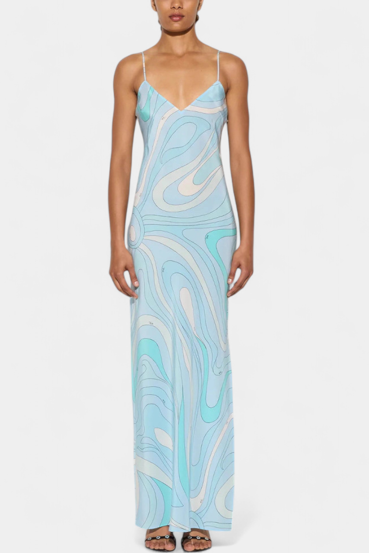Valera Robe Longue Sans Manches à Imprimé Tourbillon Rétro et Tissu Brillant
