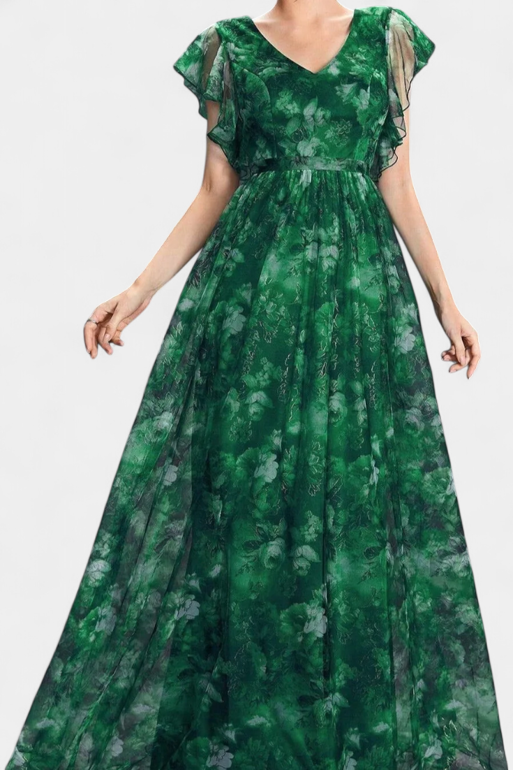 Mariana Robe en Chiffon à Décolleté V et Manches à Volants avec Imprimé Floral