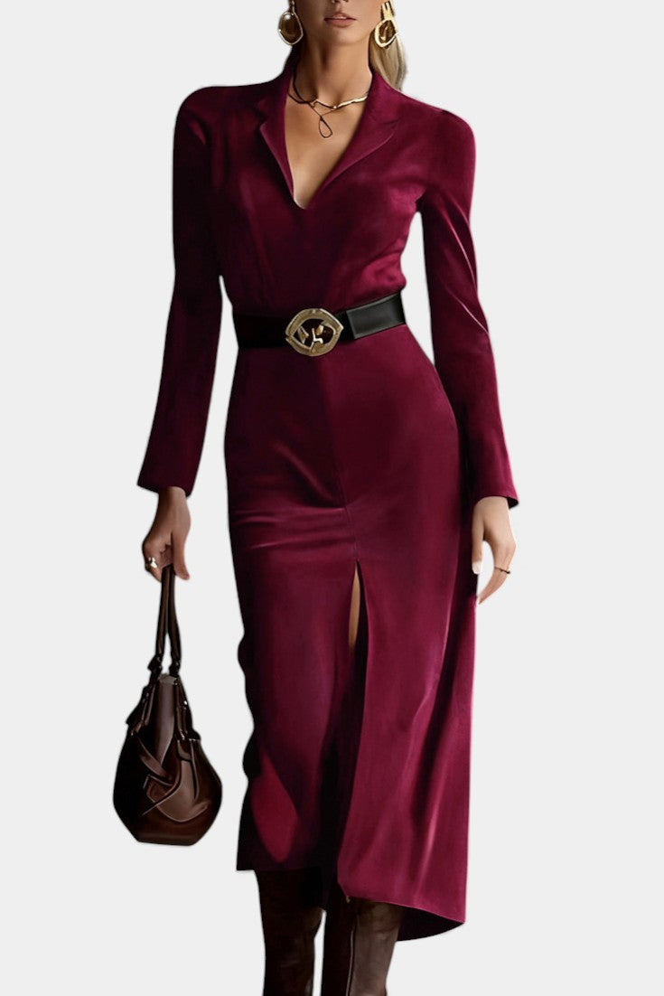 Julia Robe Fendue en Faux Suède Style Western Rétro avec Ceinture