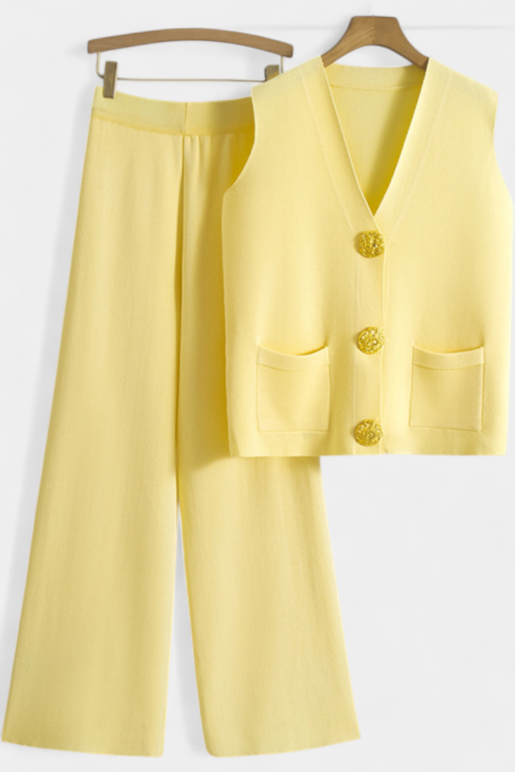 Jacey Ensemble Gilet en Tricot et Pantalon à Jambes Larges
