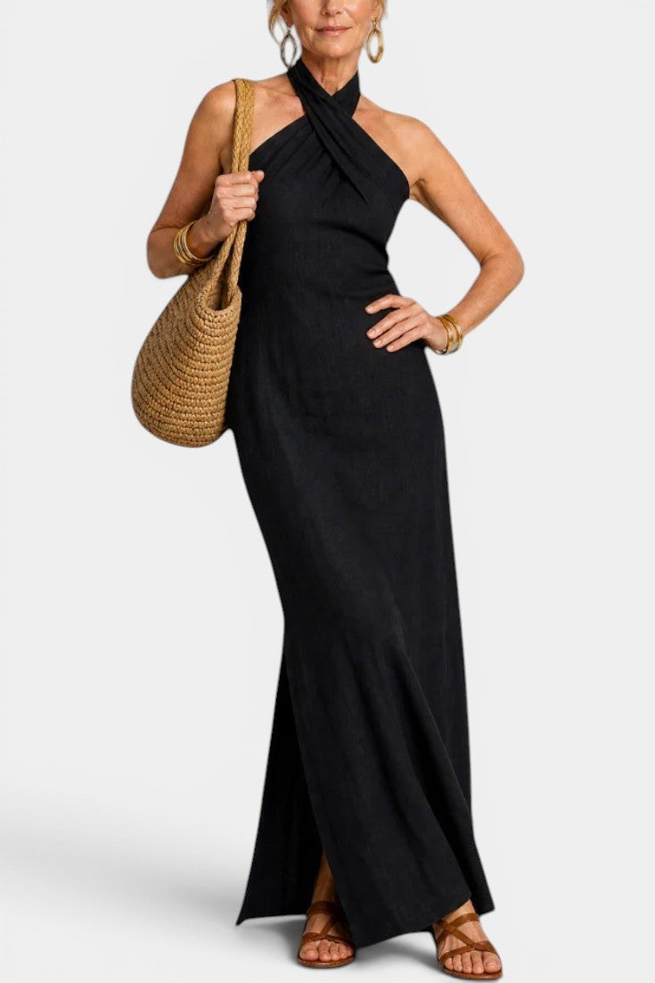 Apolline - Robe Longue Halter Croisée Dos Noué