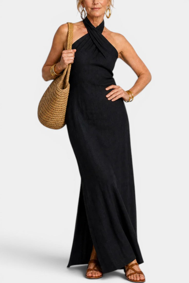 Apolline - Robe Longue Dos Nu Bretelles Croisées Coupe Fluide