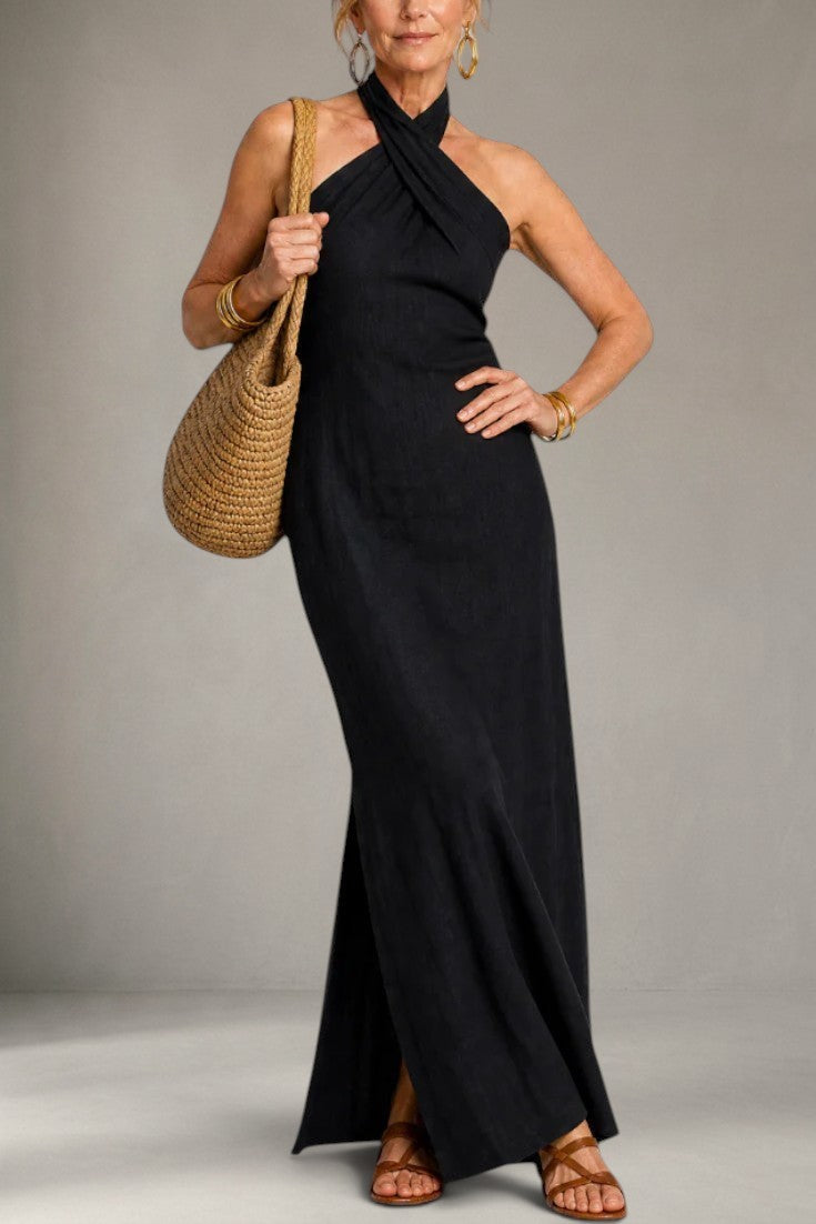 Apolline - Robe Longue Halter Croisée Dos Noué