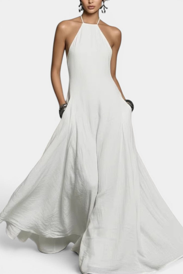 Narcissa Robe Maxi Gaze Col Halter Lacé Dos Nu Jupe Évasée