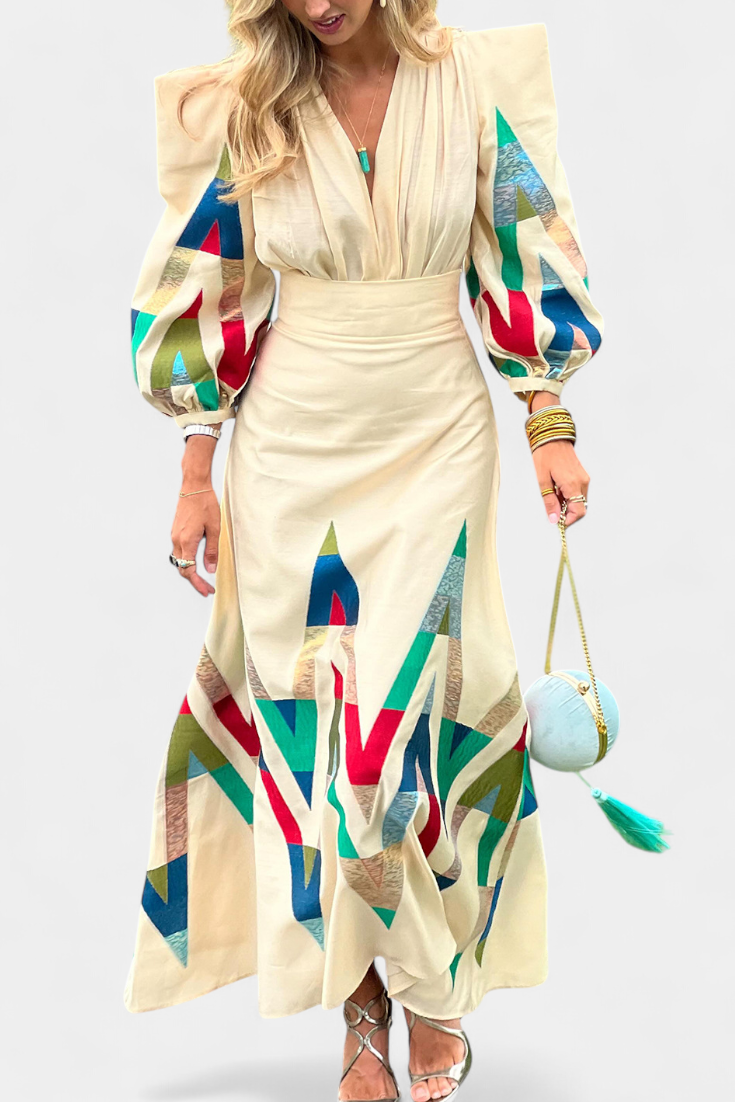 Avenza Ensemble Body à Manches Bouffantes et Jupe Midi à Motif Chevron