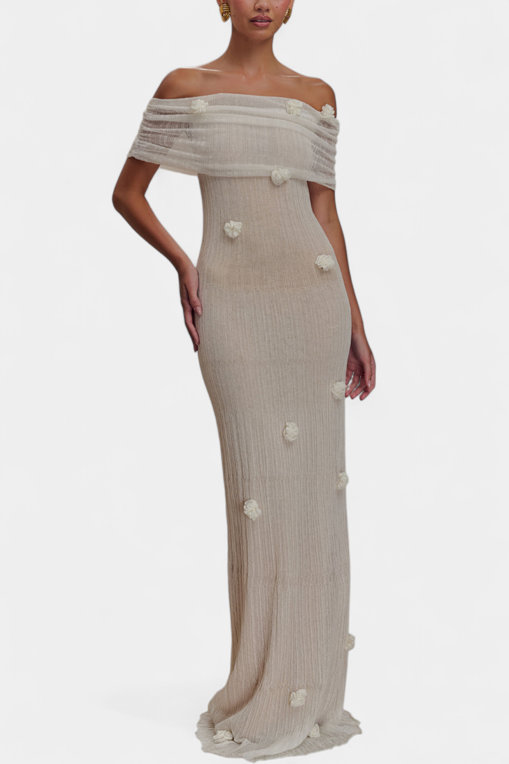 Barbara Robe Tricot Off-Shoulder à Appliques Florales 3D et Ourlet Queue de Poisson