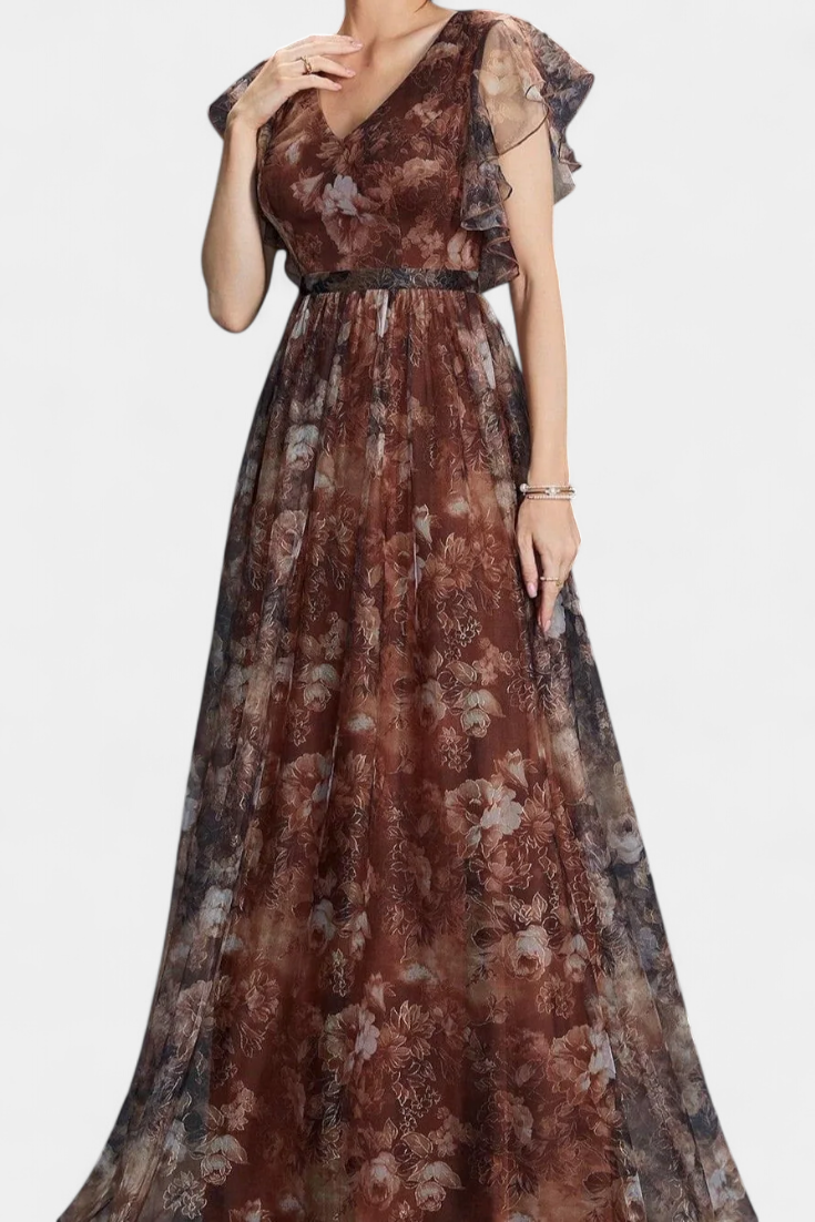 Mariana Robe en Chiffon à Décolleté V et Manches à Volants avec Imprimé Floral