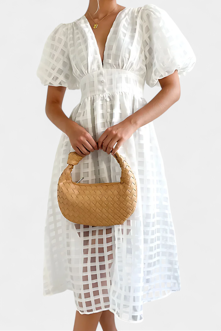 Marigold Robe Midi à Manches Bouffantes et Motif à Carreaux