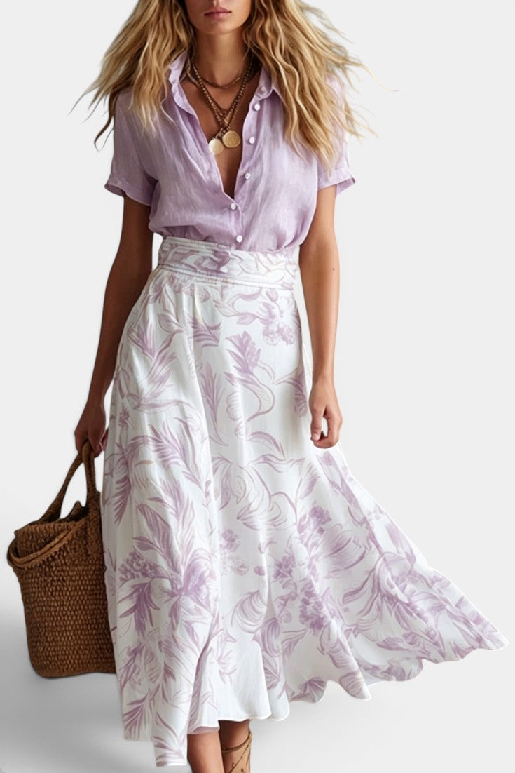Leilani - Jupe Longue Taille Smockée Print Tropical Évasée Midi
