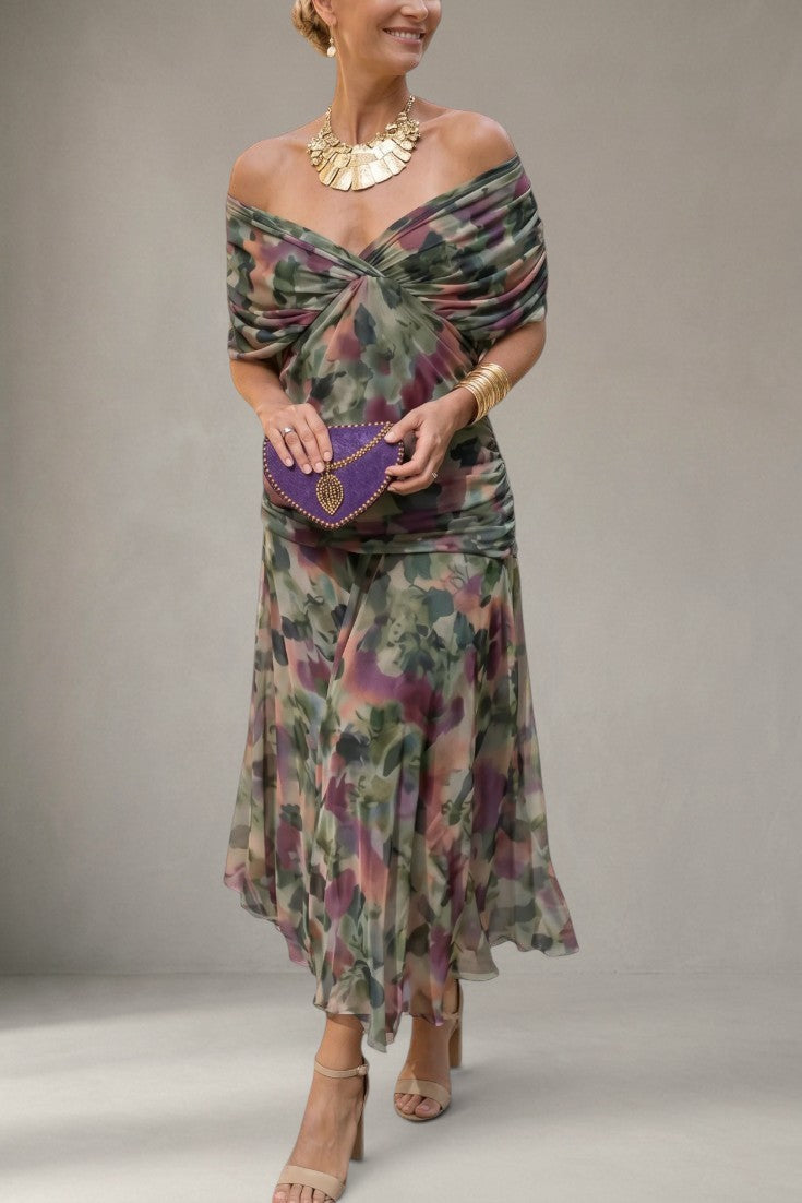 Alondra - Robe Longue Épaules Dénudées Imprimé Aquarelle Buste Torsadé