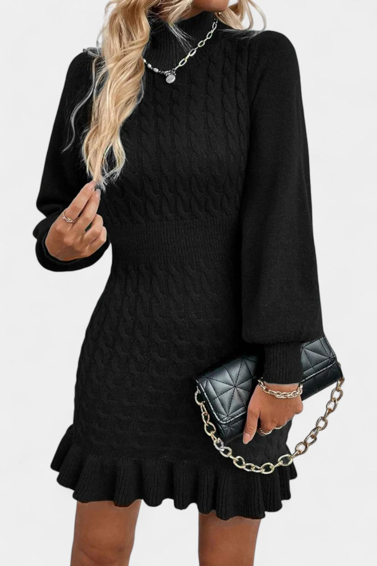 Églantina Robe Pull Mini Près du Corps à Col Montant et Volants