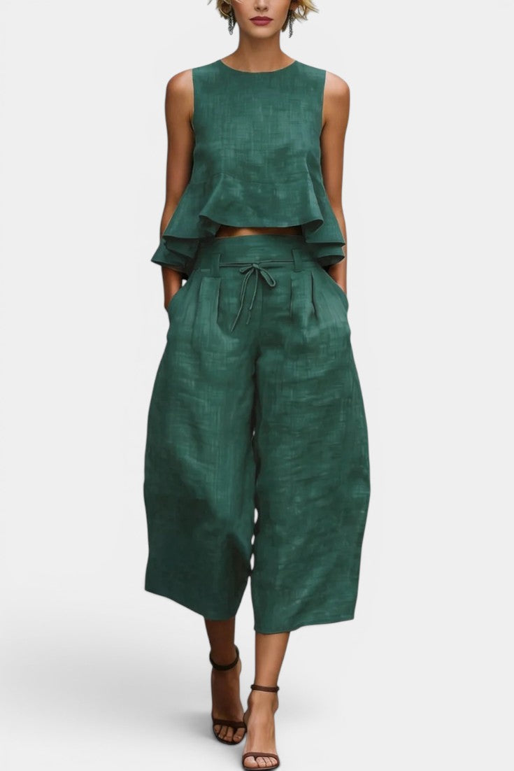 Sorrel Ensemble Deux Pièces Lin Top Crop Peplum Col Rond  Pantalon Large Culotte Cordon