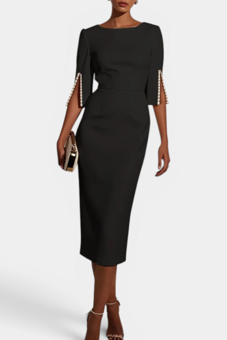 Reece Robe Midi Fourreau Col Rond & Manches Fendues Ornées de Perles