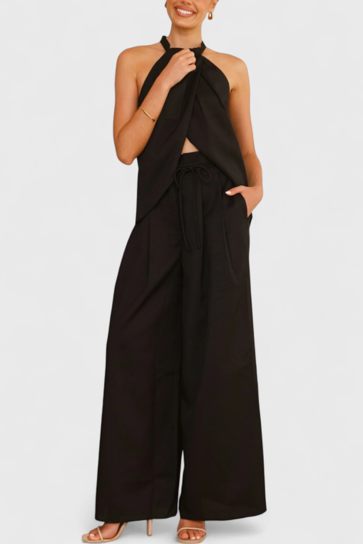 Ensemble en Lin Bernadina avec Top à Décolleté Avant et Pantalon à Jambes Amples