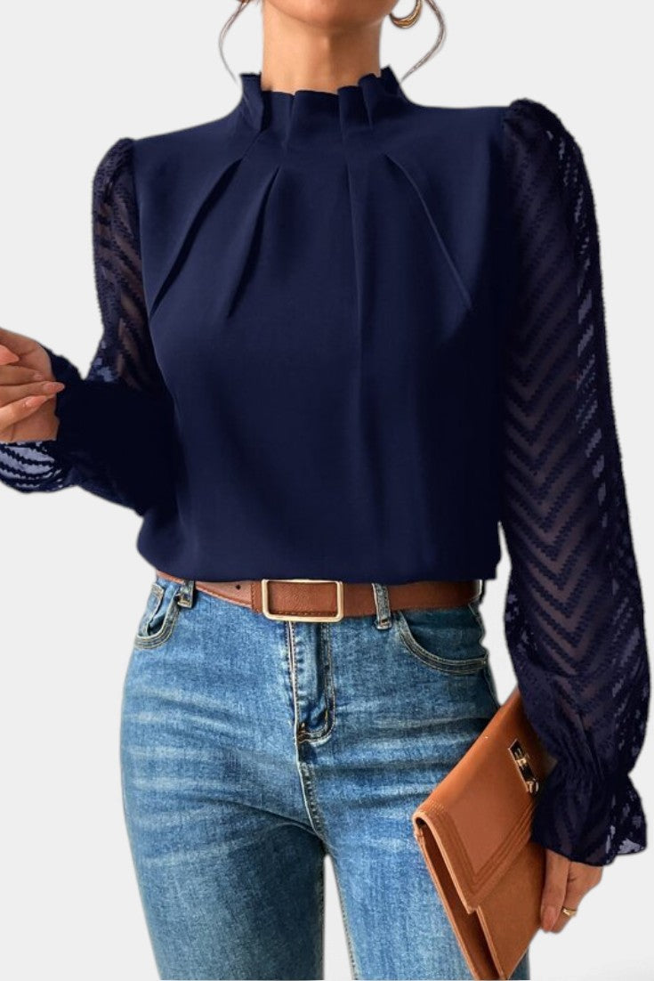 Zaraa - Blouse Élégante à Col Montant Plissé & Manches Transparentes Brodées