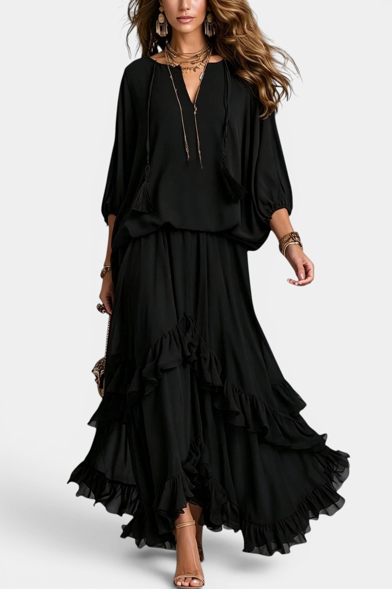 Quiterie - Ensemble Blouse Ample & Jupe Longue Volantée