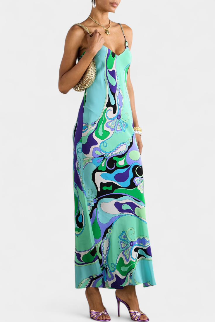Valera Robe Longue Sans Manches à Imprimé Tourbillon Rétro et Tissu Brillant
