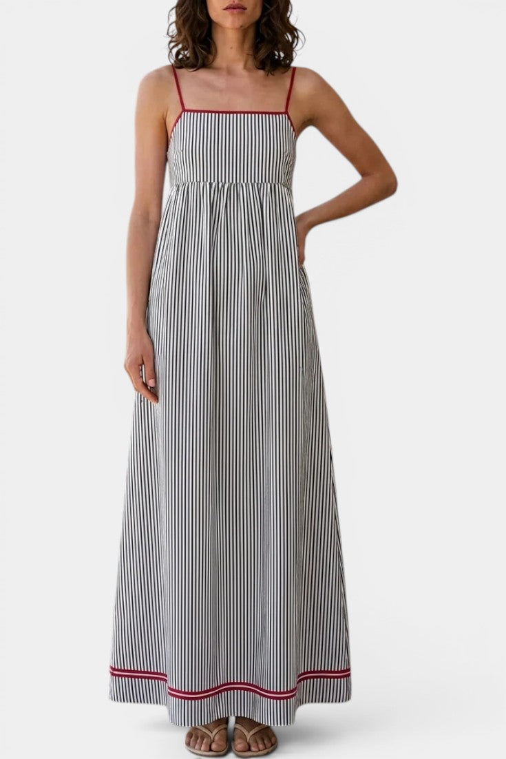 Briallen - Robe Longue Rayée Bretelles Fines Col Carré Poches