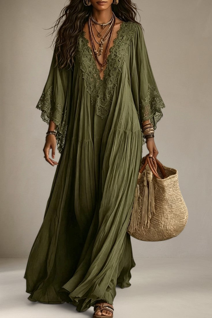 Indie - Robe Longue Col V en Dentelle Coupe Ample
