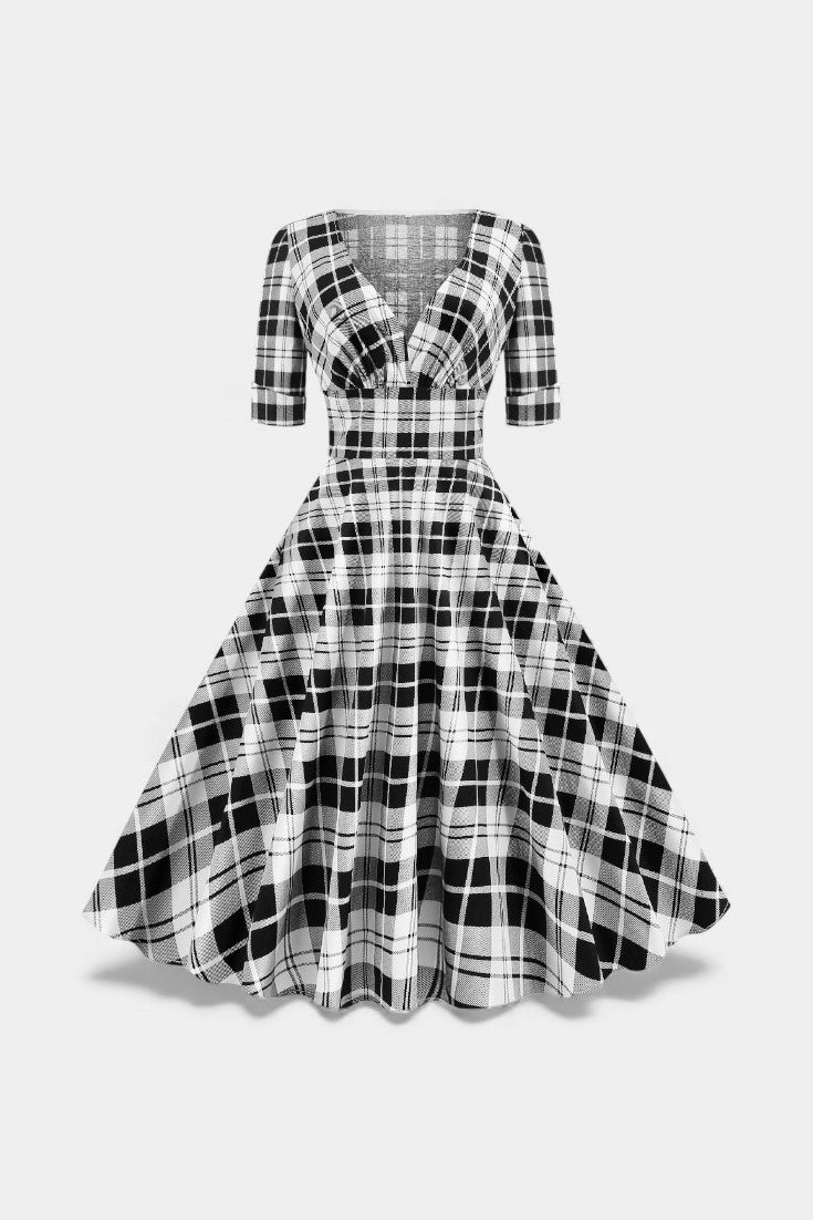 Véra Robe Midi Évasée à Imprimé Plaid et Décolleté V Festif