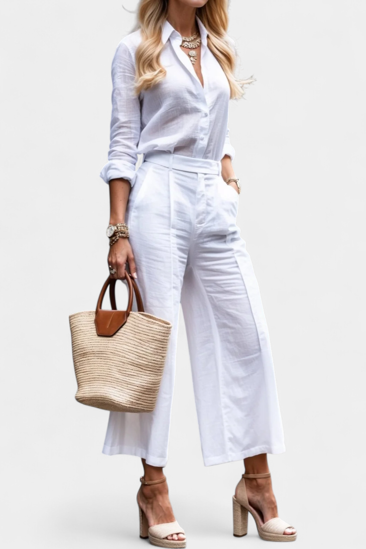 Sabina Ensemble Décontracté à Chemise Fluide et Pantalon Capri