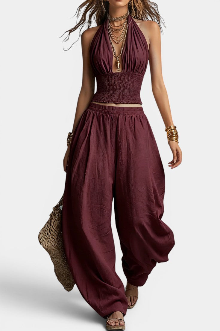 Quilla - Ensemble Crop Top Bretelles Nuque Froncé Smocké & Pantalon Sarouel Ample
