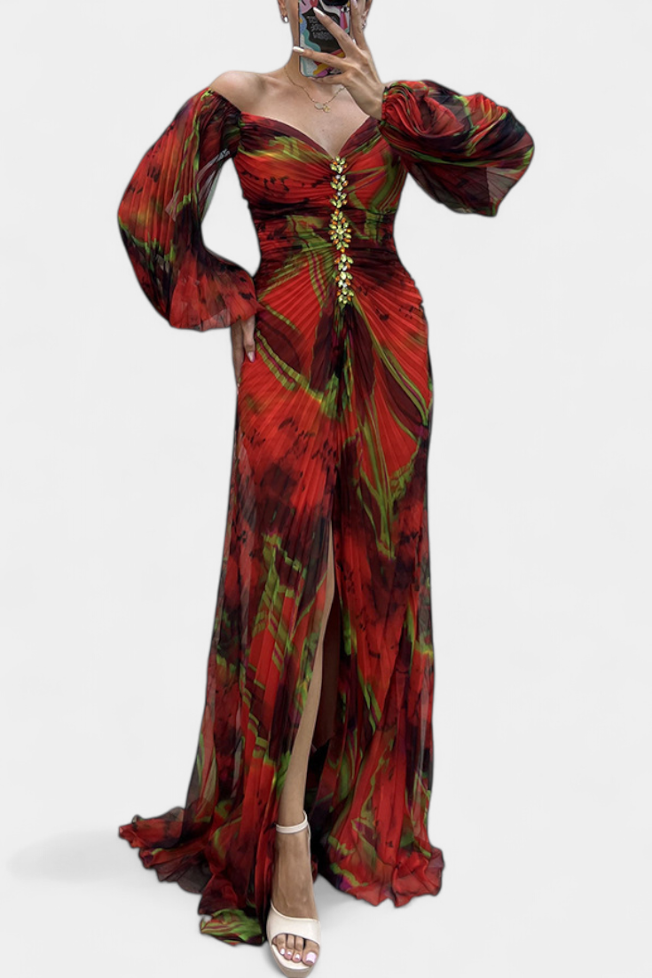 Quintessa Robe de Soirée Off-Shoulder Plissée à Manches Bouffantes