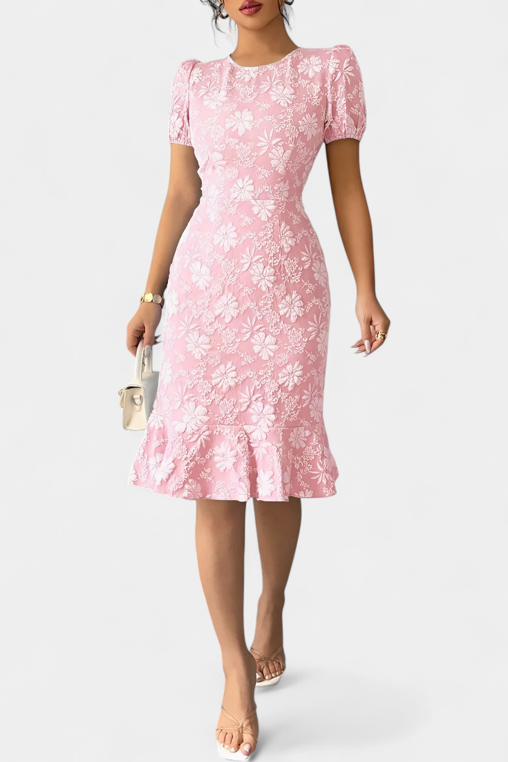 Champel Robe Midi Texturée à Manches Bouffantes