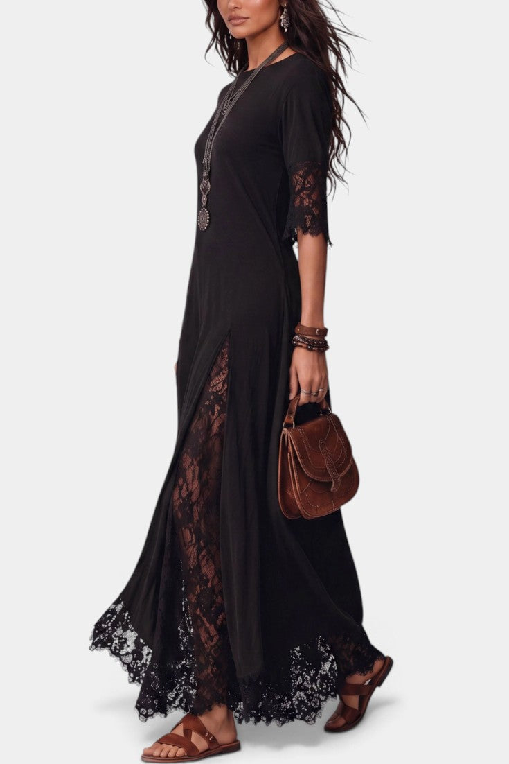 Robe longue Mahaute Méliorine avec empiècements en dentelle florale et manches mi-longues, élégante et féminine.