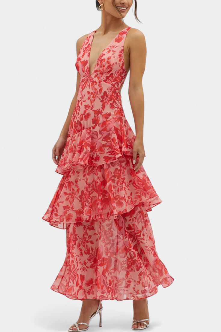 Domenica Robe en Georgette à Décolleté en V et Volants Aériens