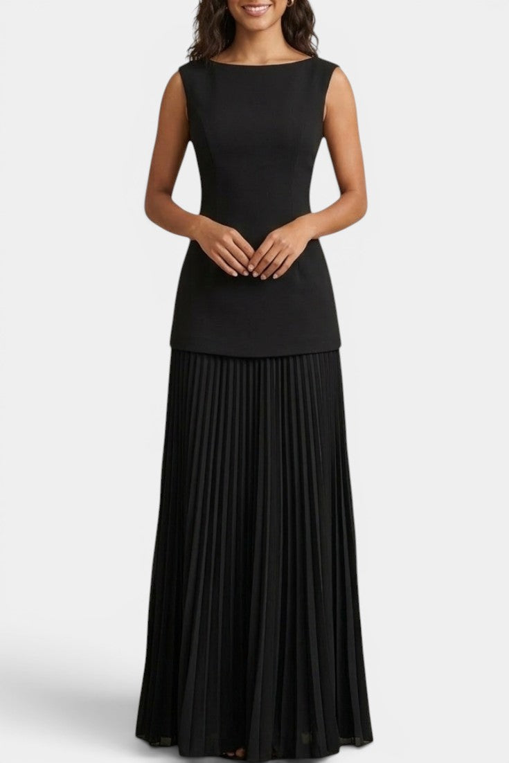 Silvana Robe Longue Col Bateau Jupe Plissée Sans Manches